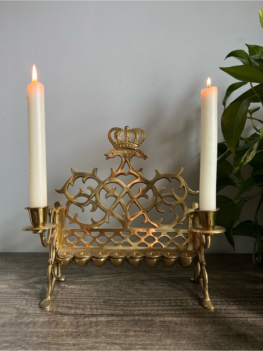 Vintage Brass Bench Menorah Oil Lamp, Candle Holder